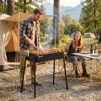 Outsunny Portable BBQ Grill, Charcoal Grill with Side Seasoning Baskets, Hooks and Nets for Outdoor, Picnic, Camping, Black(m-1)