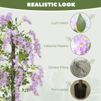 HOMCOM 5.9FT Fake Wisteria Tree with Natural Wood Trunk, Artificial Plant in Nursery Pot, Greenery Tall Faux Floor Plant Purple(m-4)