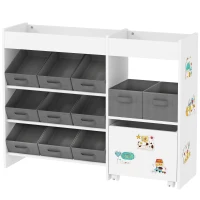 Qaba Kids Toy Storage Organizer with 11 Bins, Moveable Cabinet, Top Shelves, 3 Stickers, for Nursery, Playroom, White(m-2)