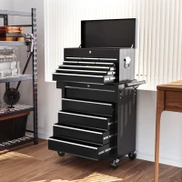 HOMCOM 14 Drawer Rolling Tool Chest, Lockable Tool Storage Cabinet with Detachable Top Toolbox, Protective Liner, Black(m-9)