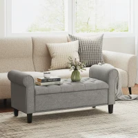 HOMCOM 50 Inches Storage Ottoman, Upholstered Bedroom Bench with Rolled Arms and Button Tufted Storage, Light Grey(m-10)