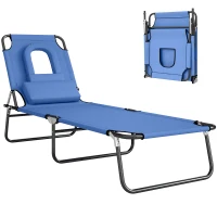 Outsunny Folding Chaise Lounge Chair, Reclining Beach Tanning Chair with Face Hole, Pillow, 4-Position Adjustable Lay Flat Sun Lounger, Steel Frame for Outdoor Patio Pool, Blue(m-2)
