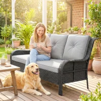 Outsunny Wicker Patio Sofa with Cushions, 3 Seater Rattan Outdoor Couch for Patio, Garden, Porch, Backyard, Light Grey(m-10)