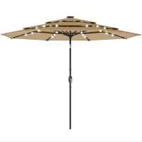 Outsunny 9.7 ft Outdoor Patio Umbrella with Solar LED Lights, 3 Tier Outdoor Table Umbrella with Tilt, Crank, Khaki(m-11)