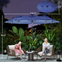 Outsunny Double-sided Patio Umbrella, 9.7' Outdoor Umbrella with Tilt and Crank, LED Solar Light and 12 Ribs, Navy Blue(m-3)