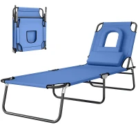 Outsunny Folding Chaise Lounge Chair, Reclining Beach Tanning Chair with Face Hole, Pillow, 4-Position Adjustable Lay Flat Sun Lounger, Steel Frame for Outdoor Patio Pool, Blue(m-11)