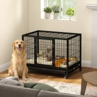 PawHut 36" Heavy Duty Dog Crate with Removable Tray, Lockable Wheels and Double Door, for Medium and Large Dogs, Black(m-2)
