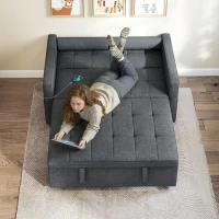 HOMCOM Pull Out Sofa Bed, Sleeper Sofa Couch with USB Ports, Small Linen Loveseat Futon Couch for Living Room, Dark Grey(m-10)