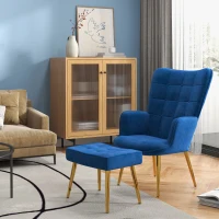 HOMCOM Modern Accent Chair with Ottoman, Upholstered Armchair with Footrest, Gold Metal Legs for Living Room, Bedroom, Dark Blue(m-8)