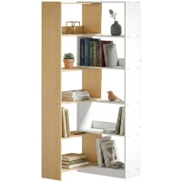 HOMCOM Corner Bookshelf, 5-Tier L-Shaped Bookcase with 350° Rotating Design, Two-Tone Design, Fruitwood/White(m-2)