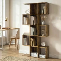 HOMCOM 5-Tier Bookshelf, S Shaped Geometric Bookcase with 15 Compartments, Rustic Brown(m-1)