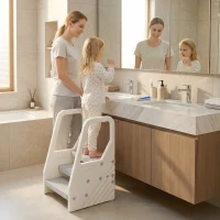 Qaba Adjustable 3 Step Toddler Tower with Handles, Non-slip Surface & Foot Pads, Gray(m-2)