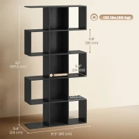HOMCOM 5-Tier Bookshelf, S Shaped Geometric Bookcase with 15 Compartments, Black Wood Grain(m-3)