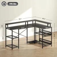 HOMCOM 59" L Shaped Desk with Storage, Corner Desk with LED Lights and Power Outlets for Home Office, Small Space, Black(m-3)