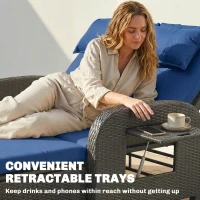 Outsunny Patio Rattan Daybed, Wicker Outdoor Daybed with Storage Ottoman, Loveseat w/ Adjustable Backrest, Side Tables, Navy Blue(m-9)