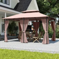 Outsunny 10' x 13' Patio Gazebo, Outdoor 2-Tiers Garden Canopy Yard Sunshade Shelter with Curtains, Khaki(m-1)