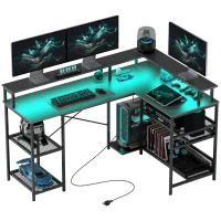 HOMCOM 59" L Shaped Desk with Storage, Corner Desk with LED Lights and Power Outlets for Home Office, Small Space, Black(m-11)