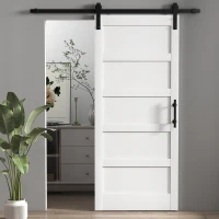 HOMCOM 36"x84" Sliding Barn Door with Hardware Kit, Shaker Style Sliding Door with Handle, Track, Floor Guide, White Wood Grain(m-11)