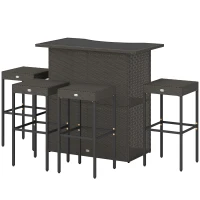 Outsunny 5 Piece Rattan Wicker Bar Set, High Top Outdoor Table and Chairs, Bar Height Patio Set, 2 Shelves & 4 Bar Stools, Brown(m-1)