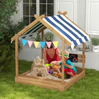 Outsunny Wooden Sandbox with Canopy, House Design for 3-7 Years Old, Brown(m-2)