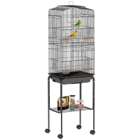 PawHut 60" Metal Indoor Bird Cage Starter Kit with Detachable Rolling Stand, Storage Basket, and Accessories, Black(m-1)