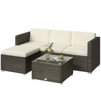 Outsunny 3 Pieces Patio Furniture Set with Cushions, Outdoor PE Rattan Wicker Conversation Corner Sofa Set with Glass Top Table and Adjustable Foot for Garden, Lawn, Cream White(m-2)