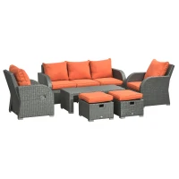 Outsunny 6 Pieces Patio Furniture with Cushions, PE Wicker Sectional Furniture Conversation Set with a 3-Seat Sofa, 2 Recliner Chairs, 2 Footstools, Table, Orange(m-2)