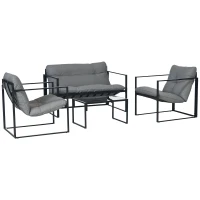 Outsunny 4 Piece Outdoor Furniture Set, Patio Conversation Set with Tempered Glass Table, Loveseat, 2 Chairs and Cushions, Grey(m-14)