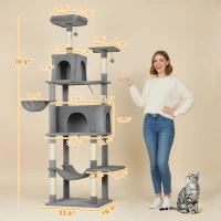 PawHut Multi-Level Cat Tower, 80" Tall Cat Tree, with 2 Condos, 2 Hammocks, 6 Sisal Scratching Posts, Dark Gray(m-3)
