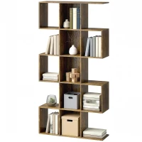 HOMCOM 5-Tier Bookshelf, S Shaped Geometric Bookcase with 15 Compartments, Rustic Brown(m-2)