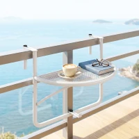 Outsunny Adjustable Balcony Hanging Railing Table, Metal Mounting Mini Wall Desk Storage Rack, Outdoor Flower Stand Serving Table Half Round, White(m-1)