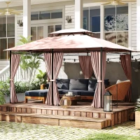 Outsunny 10' x 13' Patio Gazebo, Outdoor 2-Tiers Garden Canopy Yard Sunshade Shelter with Curtains, Khaki(m-7)