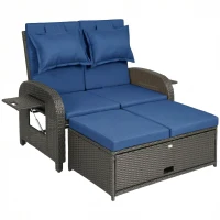 Outsunny Patio Rattan Daybed, Wicker Outdoor Daybed with Storage Ottoman, Loveseat w/ Adjustable Backrest, Side Tables, Navy Blue(m-11)