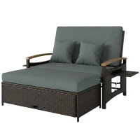 Outsunny Rattan Outdoor Daybed w/4-Level Adjustable Backrest, Patio Sofa Bed w/Storage Ottoman, Acacia Wood Armrest, Mixed Gray(m-1)