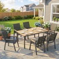 Outsunny 7 Piece Outdoor Dining Set, Rectangle Patio Table and 6 Mesh Chairs with Slatted Tabletop for Backyard, Deck, Garden