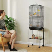 PawHut 60" Metal Indoor Bird Cage Starter Kit with Detachable Rolling Stand, Storage Basket, and Accessories, Black(m-2)