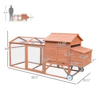 PawHut 96.5" Chicken Coop Wooden Hen House Poultry Cage Pen Portable with Wheels and Nesting Box, Chicken Cage for Backyard Outdoor, Natural(m-4)