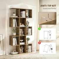 HOMCOM 5-Tier Bookshelf, S Shaped Geometric Bookcase with 15 Compartments, Rustic Brown(m-7)