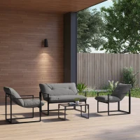 Outsunny 4 Piece Outdoor Furniture Set, Patio Conversation Set with Tempered Glass Table, Loveseat, 2 Chairs and Cushions, Grey(m-9)
