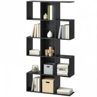 HOMCOM 5-Tier Bookshelf, S Shaped Geometric Bookcase with 15 Compartments, Black Wood Grain(m-2)