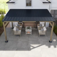Outsunny 14' x 10' Gazebo, Lean to Galvanized Steel Hardtop Gazebo Pergola with Wood Frame, Patio Gazebo Awning, Dark Grey(m-12)