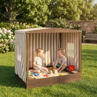 Qaba Kids Sandbox with Full Covered Canopy, Bench Seats, Bottom Liner, for Ages 3-6, 56" x 40" x 52", Brown(m-8)