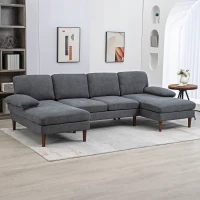 HOMCOM U Shape Couch with Double Chaise Lounge, Modern 4 Seater Sofa with Wooden Legs, Fabric Sofa for Living Room, Dark Grey(m-1)