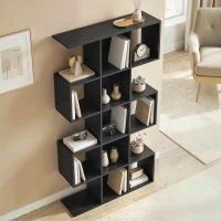 HOMCOM 5-Tier Bookshelf, S Shaped Geometric Bookcase with 15 Compartments, Black Wood Grain(m-10)