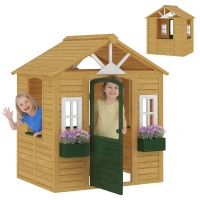 Qaba Outdoor Playhouse, Wooden Kids Playhouse with Door, 3 Windows, 2 Flower Boxes for Garden, Indoor Playroom, Ages 3–8(m-11)