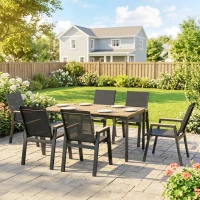 Outsunny 7 Piece Outdoor Dining Set, Rectangle Patio Table and 6 Mesh Chairs with Slatted Tabletop for Backyard, Deck, Garden(m-8)