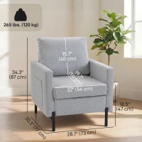 HOMCOM Accent Chair Modern Upholstered Armchair with Side Pockets and Cushion for Bedroom, Living Room, Light Grey(m-3)