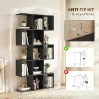 HOMCOM 5-Tier Bookshelf, S Shaped Geometric Bookcase with 15 Compartments, Black Wood Grain(m-7)