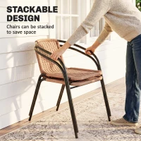 Outsunny 3 Pieces Outdoor Wicker Furniture Set with 2 Stackable Chairs, Tempered Glass Coffee Table for Garden, Backyard, Brown(m-5)