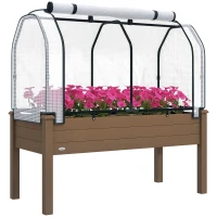Outsunny Raised Garden Bed with PE Greenhouse Cover Outdoor Elevated Wood Planter Box for Herbs and Vegetables Brown(m-11)